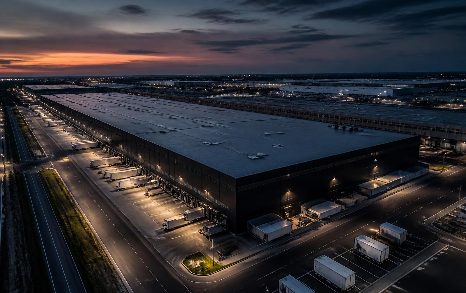 Aerial view of a modern industrial logistics park at dusk