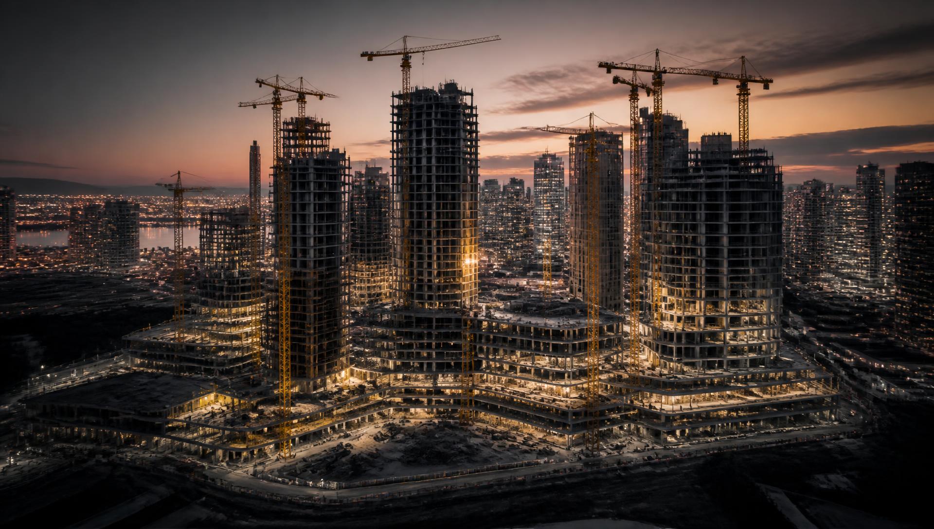 Aerial view at dusk of a large-scale mixed-use development under construction with tower cranes